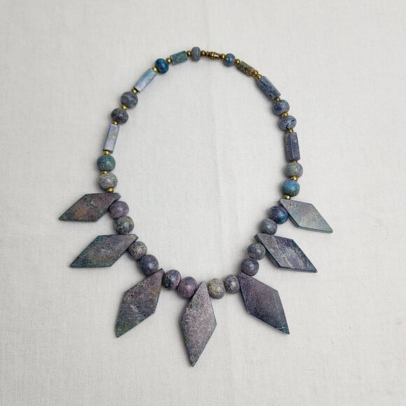 Handcrafted Artisan Beaded Necklace With Diamond Shaped Stone Pendants Purple - Picture 6 of 10